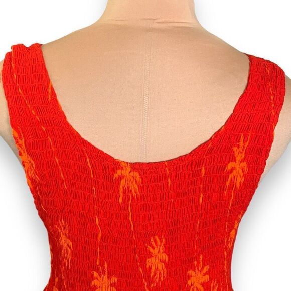 Vintage Maxi Dress Hawaiian Print Red Blue Pattern Floral Smocked Top Tropical - Picture 5 of 8